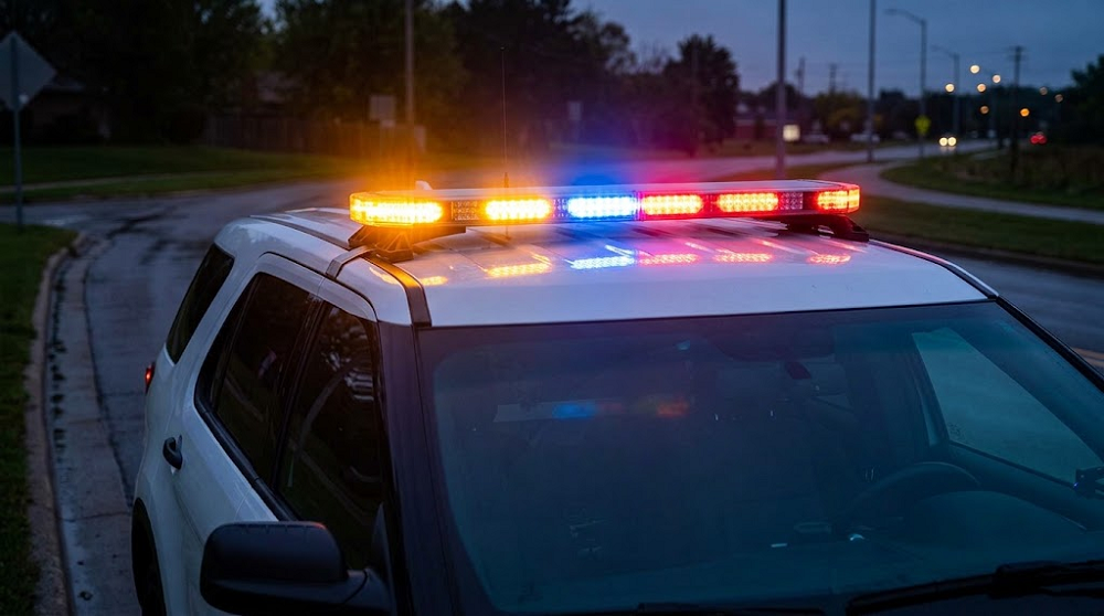 A first responder service vehicle is parked on the side of a wet road at dusk with its roof-mounted emergency LED light bar brightly illuminated