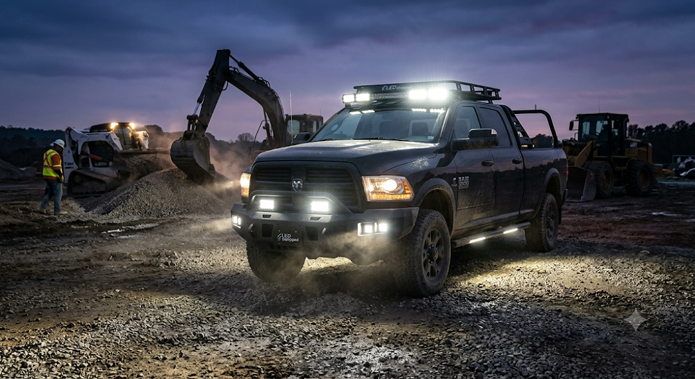 A powerful heavy-duty pickup truck illuminates a rugged