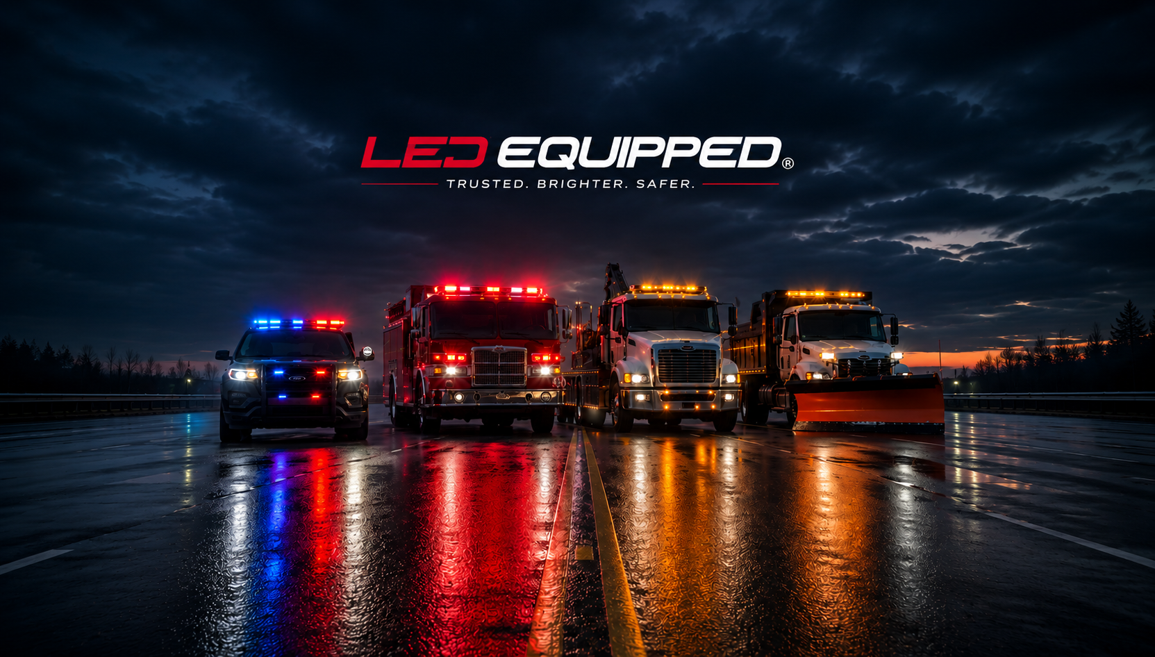 Four trucks with illuminated lights on a wet road at night, featuring 'LED Equipped' branding.